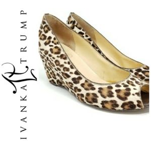 Ivanka Trump Leopard Print Peep Toe Wedges 8